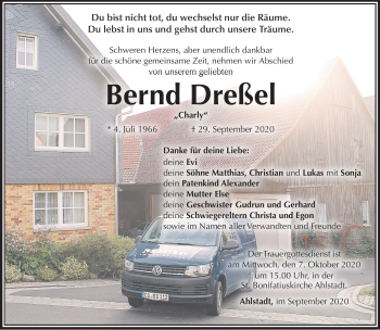 Traueranzeige von Bernd Dreßel von Südthüringer Presse
