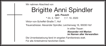 Traueranzeige von Brigitte Anni Spindler von Frankenpost