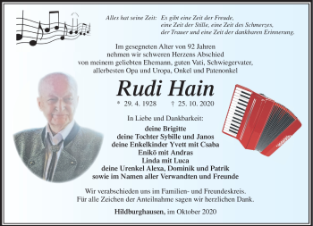 Traueranzeige von Rudi Hain von Südthüringer Presse