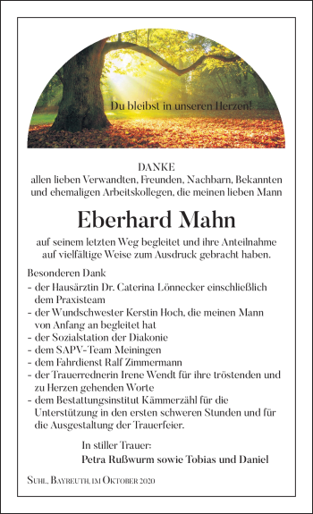 Traueranzeige von Eberhard Mahn von Südthüringer Presse