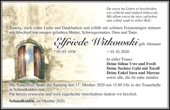 Traueranzeige von Elfriede Witkowski von Südthüringer Presse