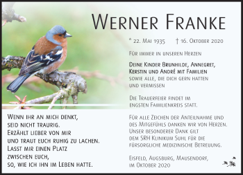 Traueranzeige von Werner Franke von Südthüringer Presse