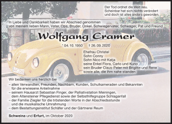 Traueranzeige von Wolfgang Cramer von Südthüringer Presse