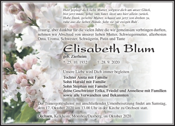 Traueranzeige von Elisabeth Blum von Südthüringer Presse