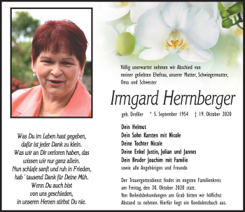 Traueranzeige von Irmgard Herrnberger von Südthüringer Presse