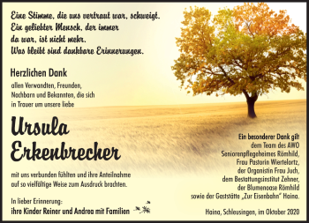 Traueranzeige von Ursula Erkenbrecher von Südthüringer Presse