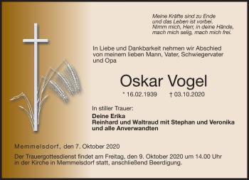 Traueranzeige von Oskar Vogel von Neue Presse Coburg