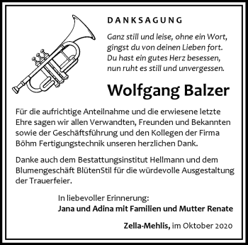 Traueranzeige von Wolfgang Balzer von Südthüringer Presse