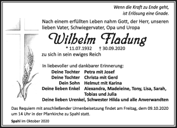 Traueranzeige von Wilhelm Fladung von Südthüringer Presse