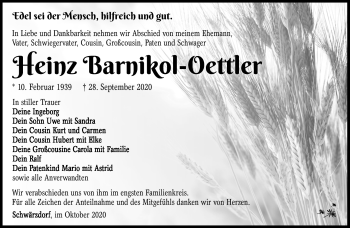 Traueranzeige von Heinz Barnikol-Oettler von Südthüringer Presse