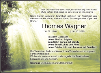 Traueranzeige von Thomas Wagner von Südthüringer Presse
