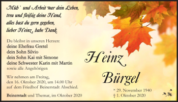 Traueranzeige von Heinz Bürgel von Südthüringer Presse