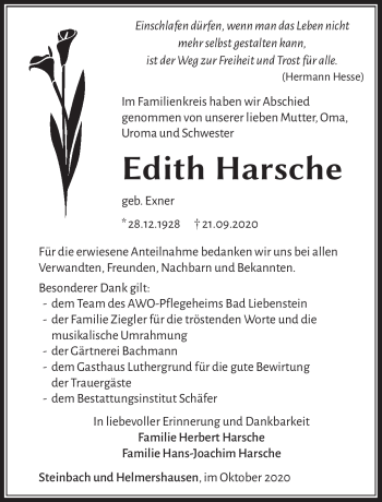 Traueranzeige von Edith Harsche von Südthüringer Presse