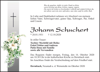 Traueranzeige von Johann Schuchert von Südthüringer Presse