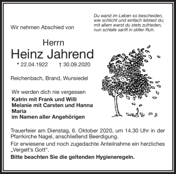 Traueranzeige von Heinz Jahrend von Frankenpost