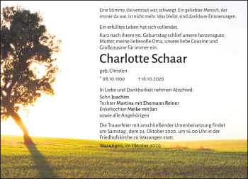 Traueranzeige von Charlotte Schaar von Südthüringer Presse