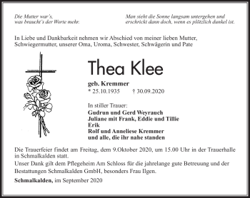 Traueranzeige von Thea Klee von Südthüringer Presse