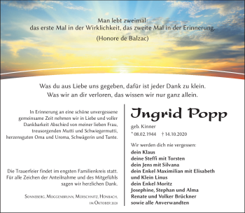 Traueranzeige von Ingrid Popp von Südthüringer Presse