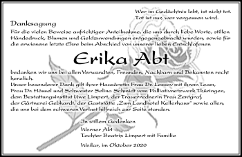 Traueranzeige von Erika Abt von Südthüringer Presse