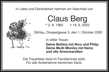 Traueranzeige von Claus Berg von Frankenpost