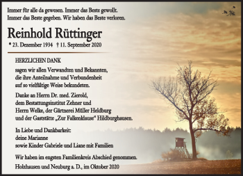 Traueranzeige von Reinhold Rüttinger von Südthüringer Presse