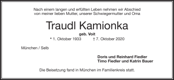 Traueranzeige von Traudl Kamionka von Frankenpost