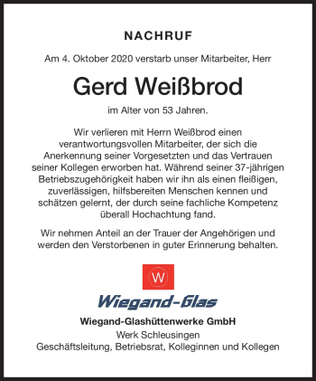 Traueranzeige von Gerd Weißbrod von Südthüringer Presse