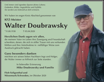 Traueranzeige von Walter Doubrawsky von Südthüringer Presse