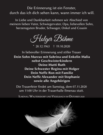 Traueranzeige von Holger Böhme von Südthüringer Presse