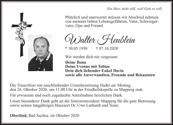 Traueranzeige von Walter Heublein von Südthüringer Presse