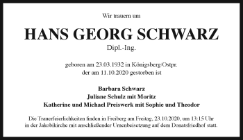 Traueranzeige von Hans Georg Schwarz von Frankenpost