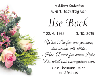 Traueranzeige von Ilse Bock von Südthüringer Presse