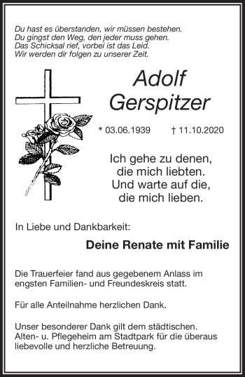 Traueranzeige von Adolf Gerspitzer von Frankenpost