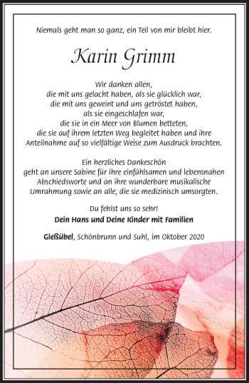 Traueranzeige von Karin Grimm von Südthüringer Presse