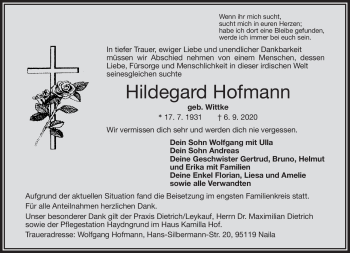 Traueranzeige von Hildegard Hofmann von Frankenpost