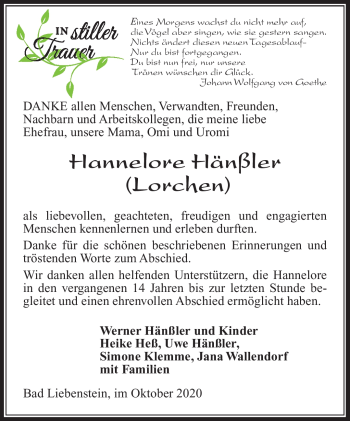 Traueranzeige von Hannelore Häßler von Südthüringer Presse