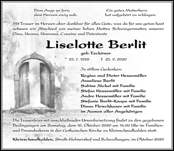 Traueranzeige von Liselotte Berlit von Südthüringer Presse