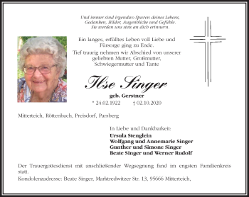Traueranzeige von Ilse Singer von Frankenpost