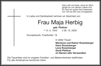 Traueranzeige von Maja Herbig von Frankenpost