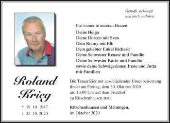Traueranzeige von Roland Krieg von Südthüringer Presse