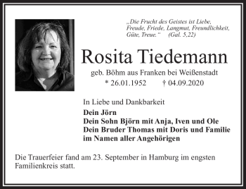 Traueranzeige von Rosita Tiedemann von Frankenpost