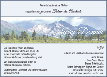 Traueranzeige von Harry Donner von Südthüringer Presse