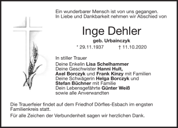 Traueranzeige von Inge Dehler von Neue Presse Coburg