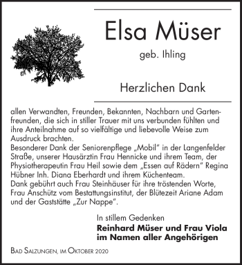 Traueranzeige von Elsa Müser von Südthüringer Presse