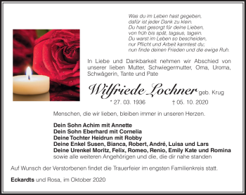Traueranzeige von Wilfriede Lochner von Südthüringer Presse