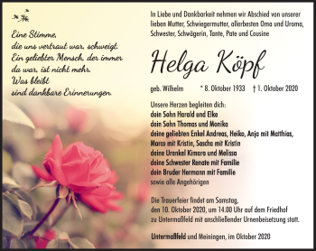 Traueranzeige von Helga Köpf von Südthüringer Presse