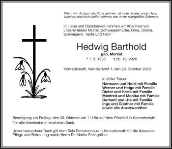 Traueranzeige von Hedwig Barthold von Frankenpost