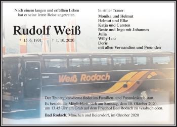 Traueranzeige von Rudolf Weiß von Südthüringer Presse