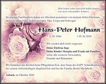 Traueranzeige von Hans-Peter Hofmann von Südthüringer Presse