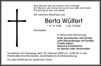 Traueranzeige von Berta Wülfert von Frankenpost